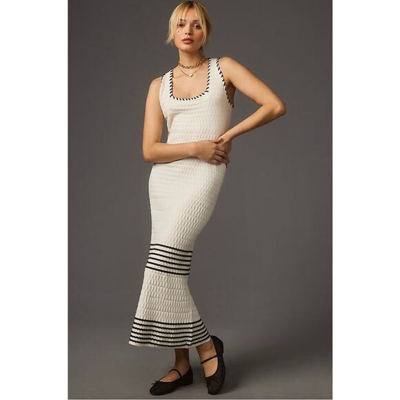 Anthropologie The Aimee Slim Ribbed Knit Midi Dress in White Size XL - Picture 3 of 12